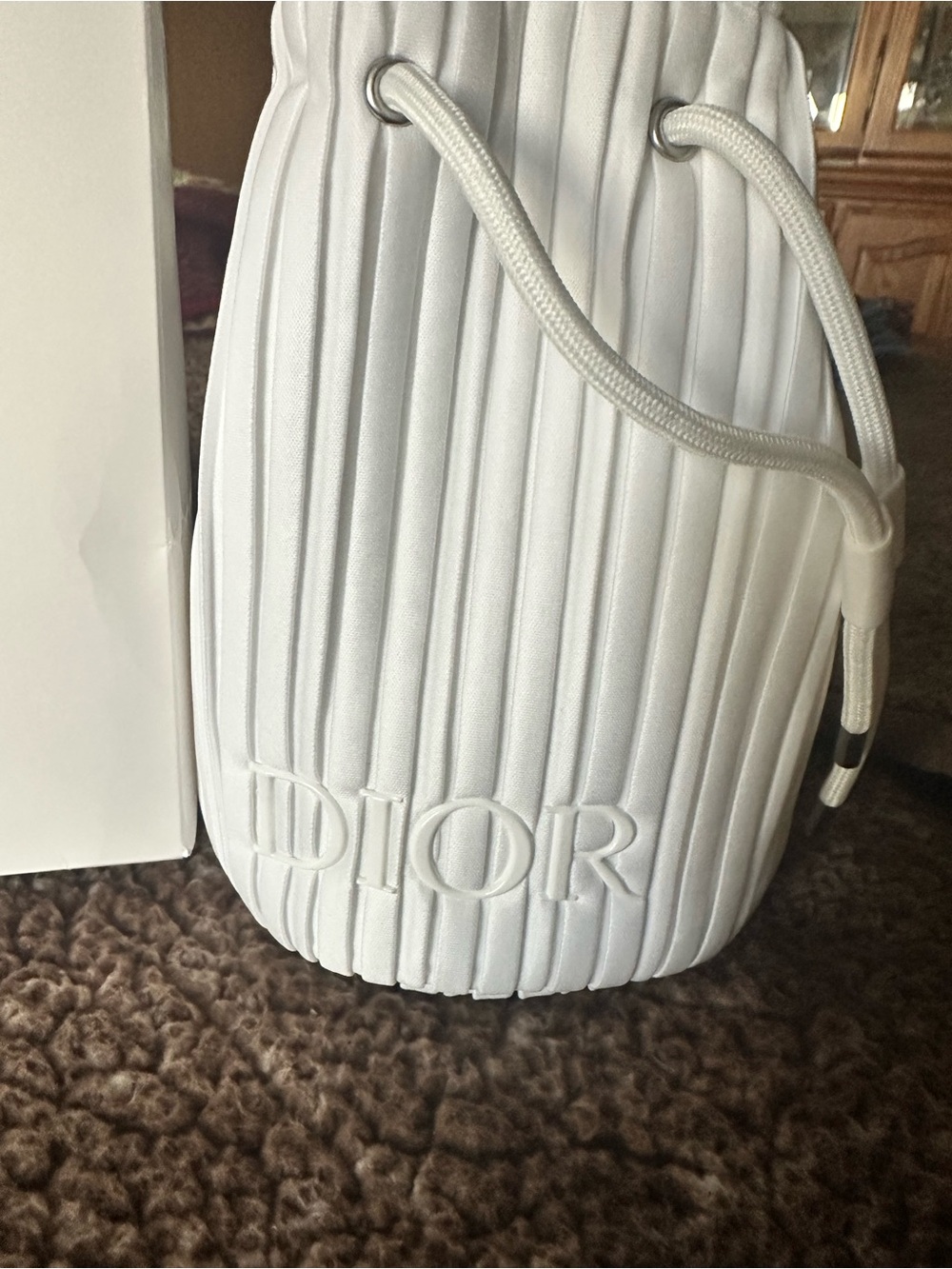 Dior White Pleated Drawstring Mini Bucket Bag with Capture